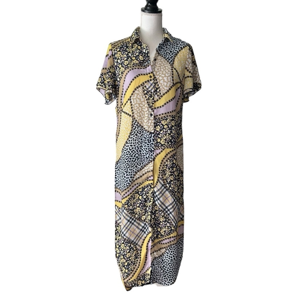 NY & Co Button Down Maxi Duster Tunic Shirt SZ Medium in Multicolor Floral Boho